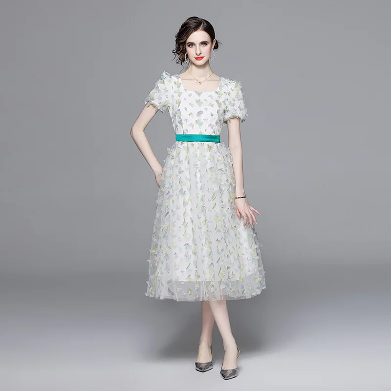 E Vestido de Malla con Mariposas 3D de Ensueño, Cuello Cuad, Estilo de Princesa de Cuento de Hadas, Falda Larga co...