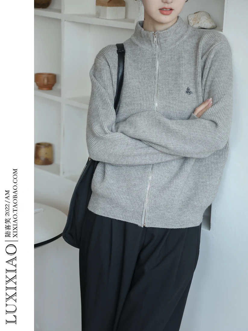 

LUXIXIAO женский дизайн на молнии, корейский открытый кардиган с воротником-стойкой, вязаный свитер ey, длинный свеч для колледжа, свободный крой