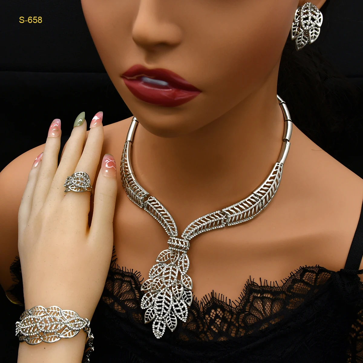 ANIID New Dubai Silver Color Jewelry Sets Indian Bride Wedding Ethiopia Nigerian Necklace Earrings Bracelet Ring Jewellery Gifts