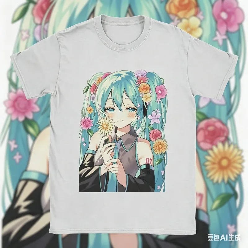

2026 Hatsune Miku Anime T-Shirts Men Women Manga Vintage Pure Cotton Tee Shirt Crewneck Short Sleeve T Shirts Big Size Clothes