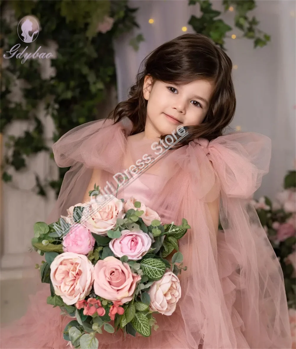 Ruffles Flower Girl Dresses Lovely Pink Tulle Layering For Wedding Prom First Communion Birthday  Official Events Dress