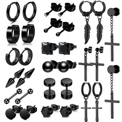 Black Punk Stainless Steel Women Men Hoop Earrings Small Trendy Round Cross Pendants Jewelry Accessories Earrings