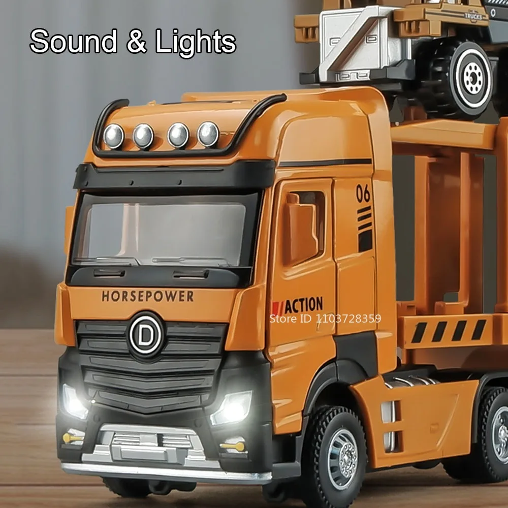 Vehículo de transporte de dos pisos 1:32, modelo de juguete, coche plano fundido a presión de aleación, puertas con luz y sonido, coches de ingeniería abiertos, regalos