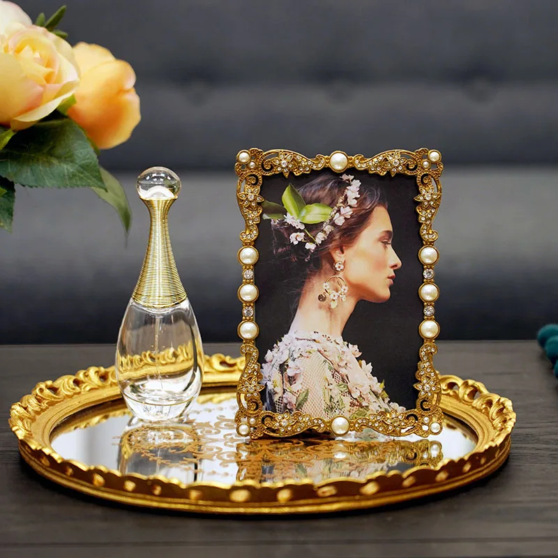 Home Decoration Retro Metal European Table Photo Frame, Diamond-encrusted Pearl Creative 6-inch Wedding Photo Frame