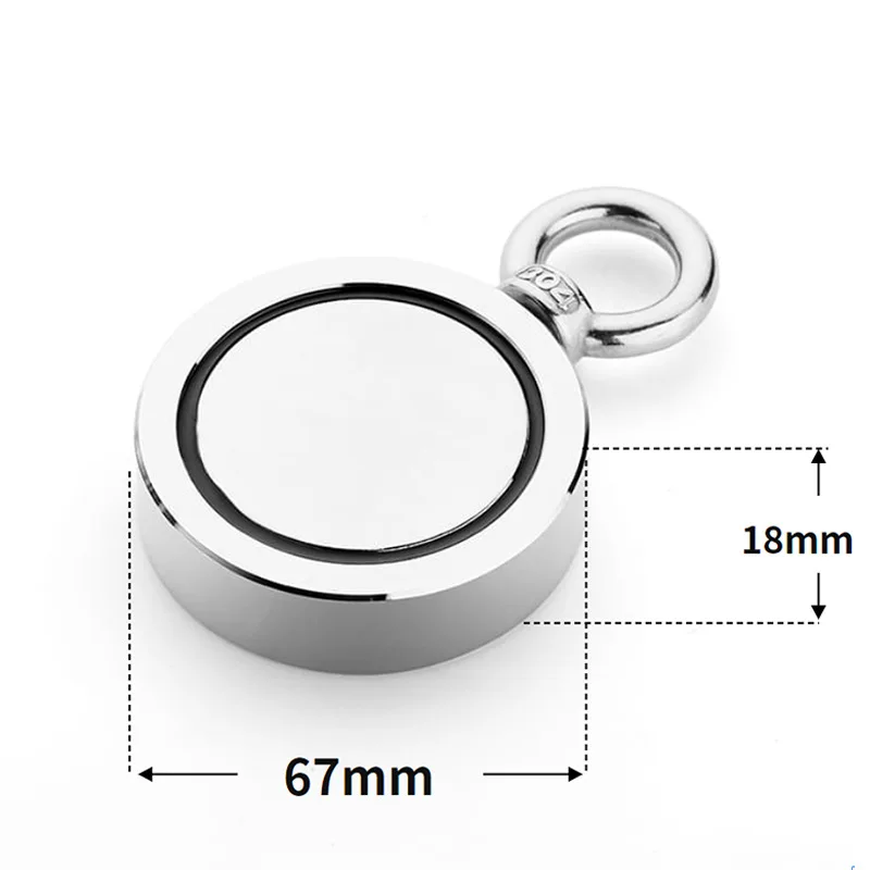 

Double Side Magnet Fishing,Combined 180Kg Pulling Force,67mm Diameter,Super Strong Round Neodymium Fishing Magnet With Eyebolt