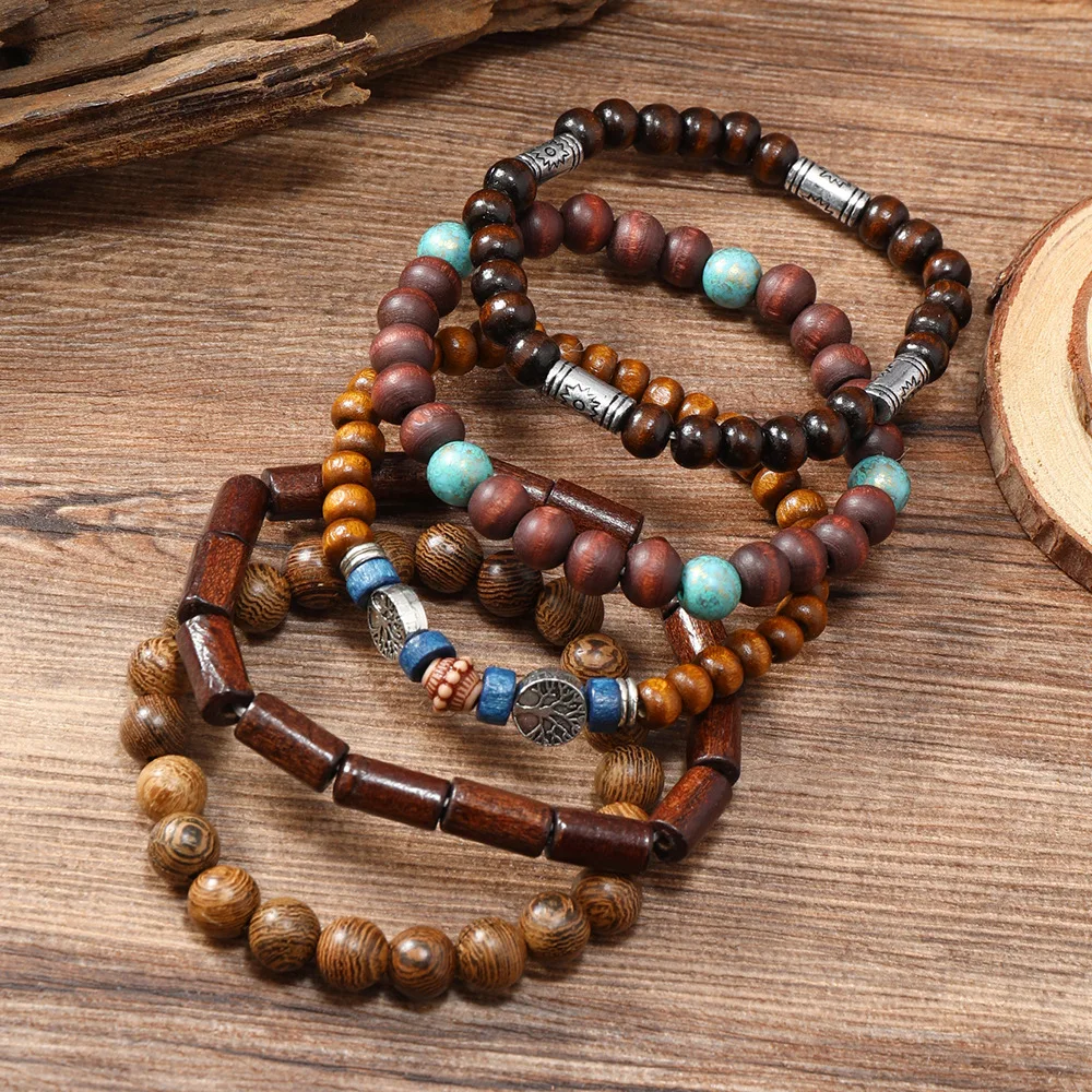 Fashion Men\'s Bracelet Peace Tree Wooden Bead Bracelet  Jewelry Retro Multi-layer Beaded Adjustable Handmade Design Cuban Chain