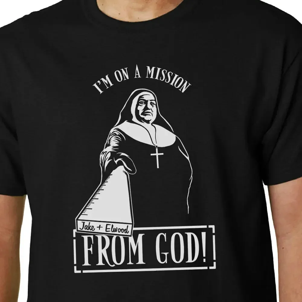 Cool I'm On A Mission From God t-shirt BLUES BROTHERS NUN ELWOOD PENGUIN GEEK FUNNY Tee