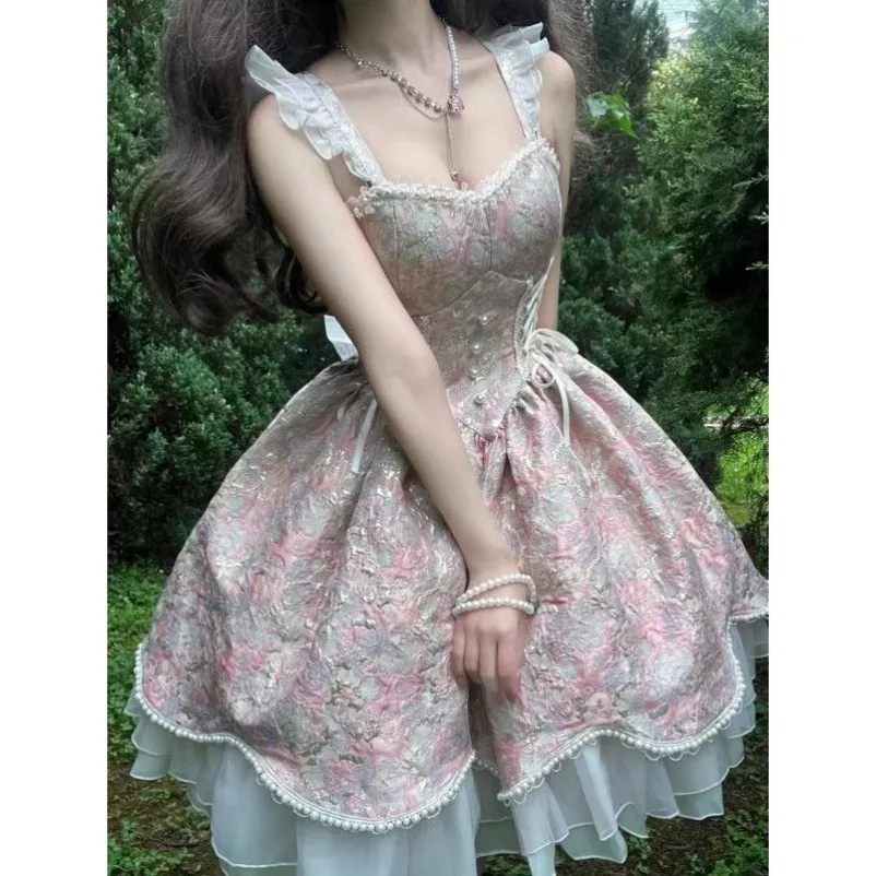 New Japanese Lolita Women Evening Party Clothing Birthdays Cosplay Dress Kawaii Short Sleeve Lace-up 2000s American 2025 Vintage