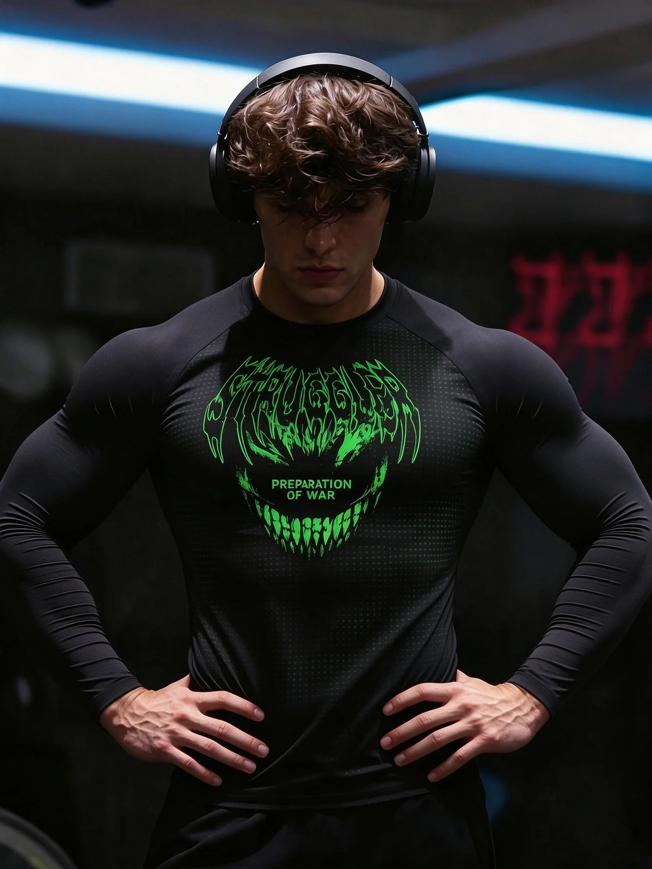 Men's Raglan Long Sleeve Compression Shirt Black Green Venom Print 4-Way Stretch Breathable Gym Training Top