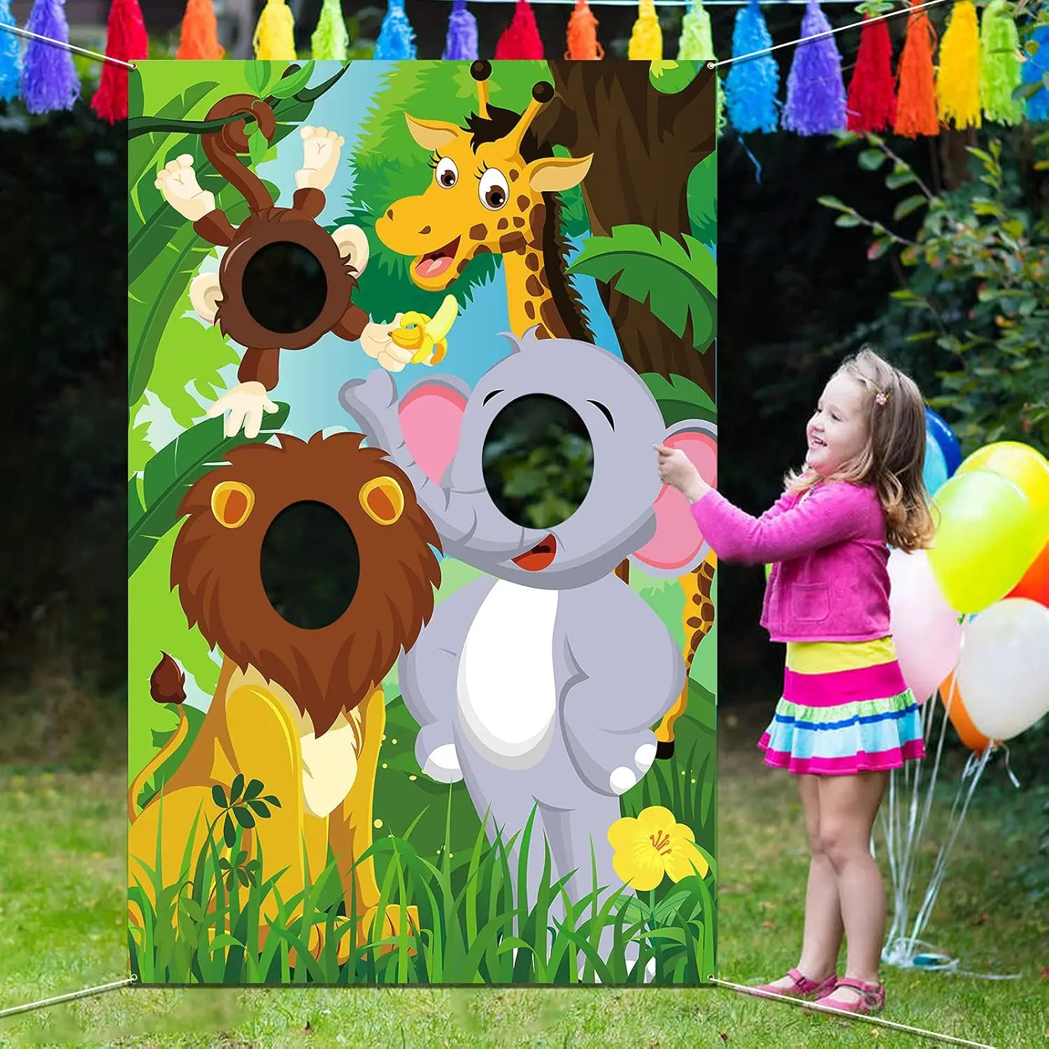 

1pc, Children's party jungle animal photography background cloth, monkey giraffe lion element hollow out photography props