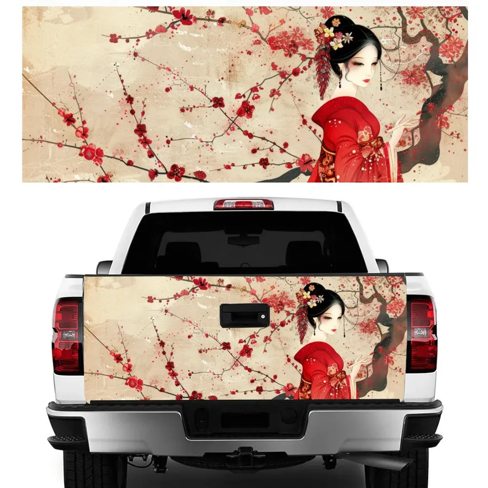 

Японская гейша с цветком сливы, пейзаж автомобиля, хвост багажника, защита виниловой наклейки, автоаксессуары, декоративная наклейка на капот для внедорожного пикапа
