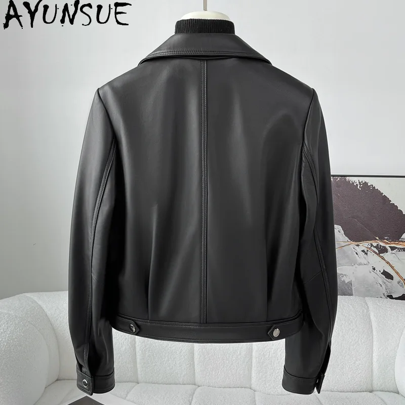 AYUNSUE Damska kurtka ze skóry naturalnej na jesień 2025, kurtki motocyklowe ze skóry owczej, damskie płaszcze, kołnierz garniturowy, Jaqueta Couro
