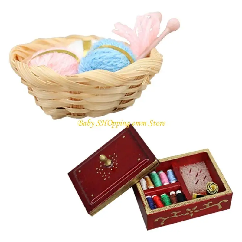

23GD 1/12 Realistic Miniature Sewing Box Model Yarn Roll Bakset Set For Craft Enthusiasts Dollhouses Scene Landscape
