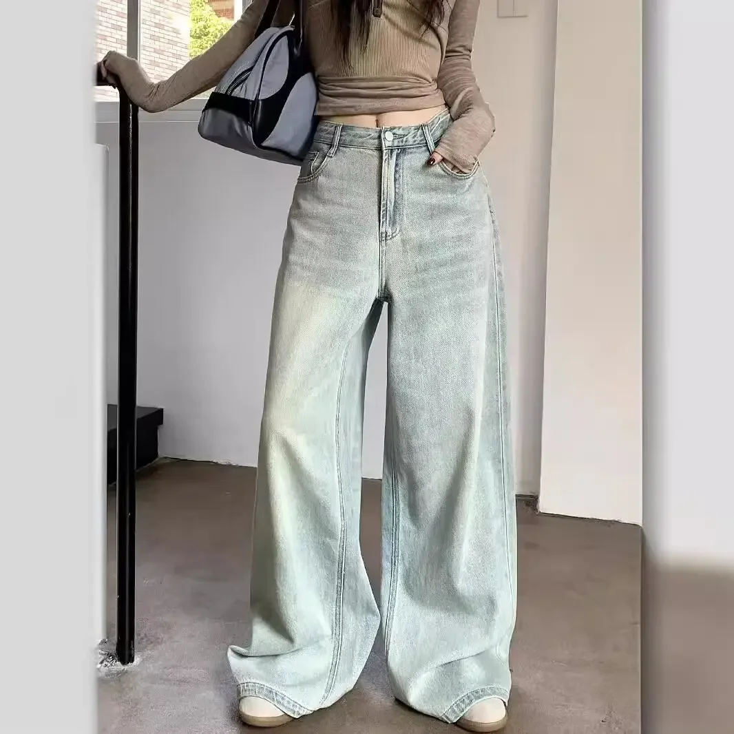 Vintage Washing Distressed Light Color Jeans Women's Loose Fit Bell Bottoms High Waisted Straight Leg Pants Floor Length Trouser