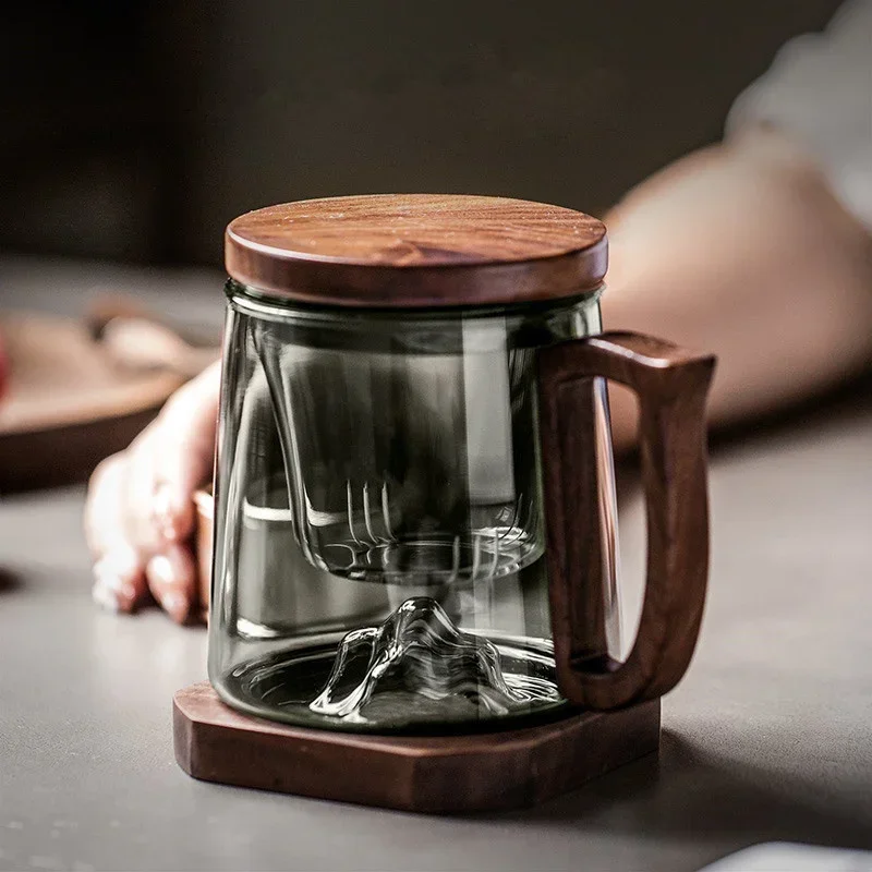 Tea Separation Filtration Glass Tea Cup Wood Handle Coaster  Water Separation Container With Infuser Filter Tea Making Cup