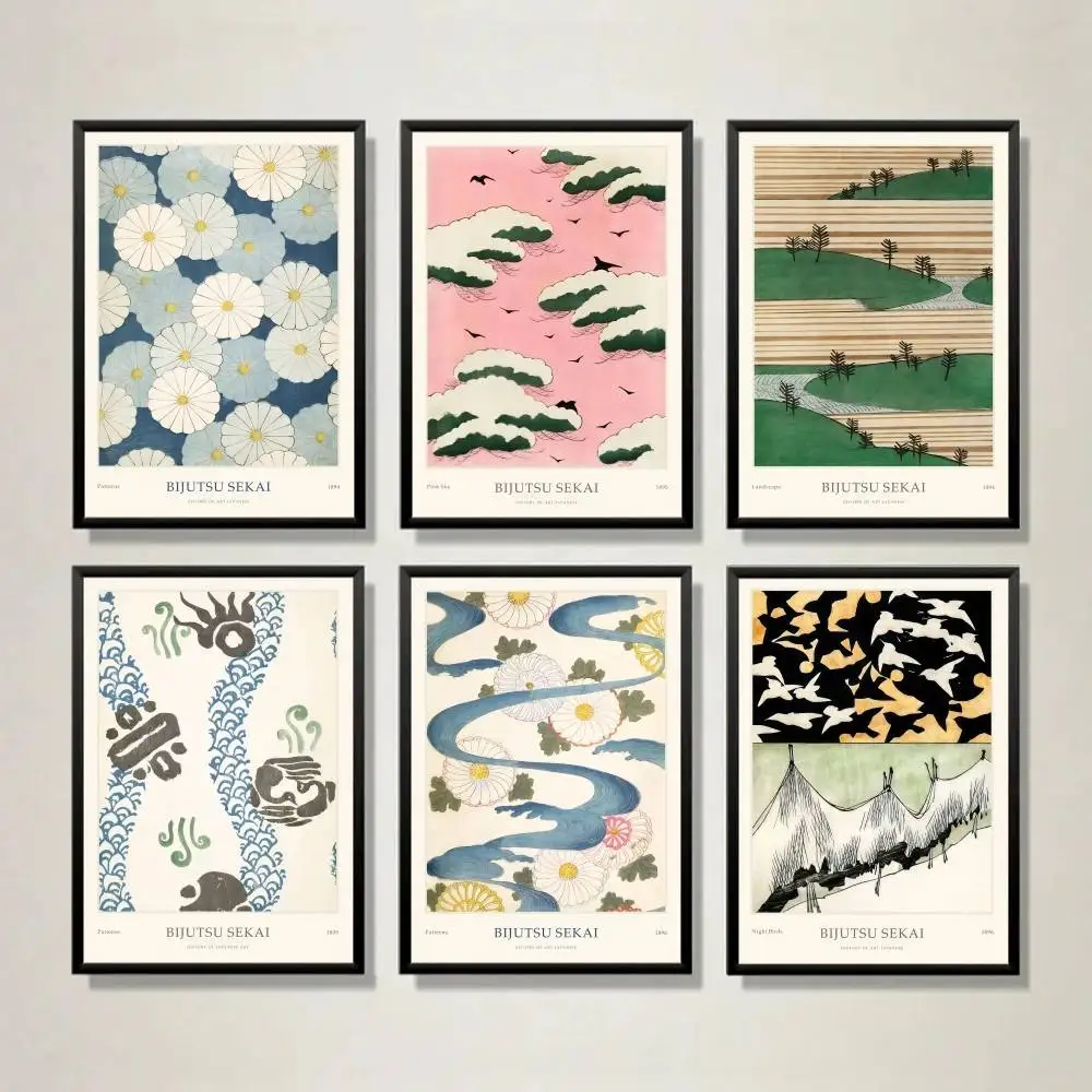 Vintage Japanese Woodblock Poster Floral Wave Landscape Wall Art for Living Room Tea Room Studio Decor Unframed Print