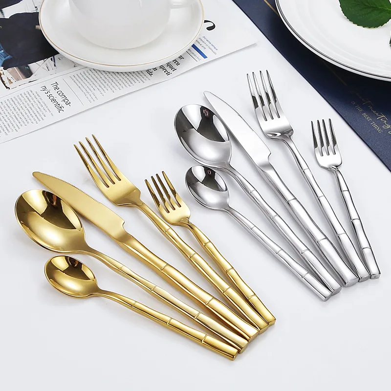 Gold Cutlery Set Stainless Steel Steak Knife Fork Spoon Tableware Bamboo Design Luxury Cutlery Dinner Sets 24pcs