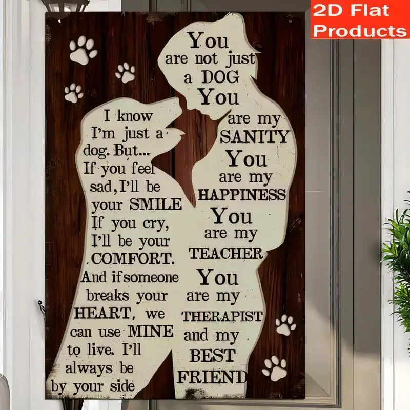 2D Flat Dog & Human Silhouette Metal Tin Sign - Rustic Wooden - Effect Wall Art with Heartwarming Quote & Paw Prints, for Dog Lo