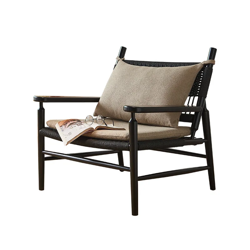 Nordic rope back leisure chair, simple hemp rope solid wood sofa chair for home use, three-piece set of Wabi Sanfeng