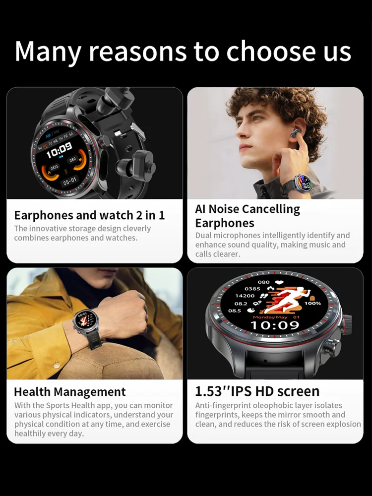 Jam tangan pintar pemilik waktu headset Bluetooth 2 In 1 baru jam tangan panggilan pemutar musik nirkabel TWS jam tangan latihan pemantau denyut jantung