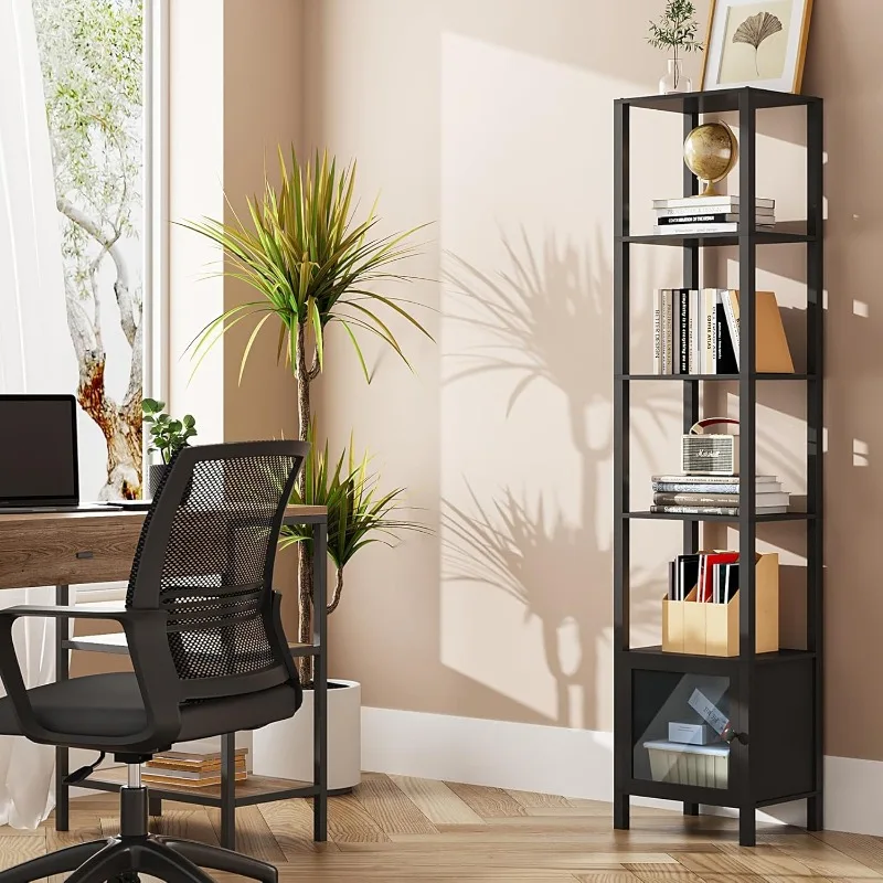 

6 Tier Bookcase and Bookshelf,Narrow Book shelf with Door for Small Space,for Living Room,Office,Study, Entryway, Black