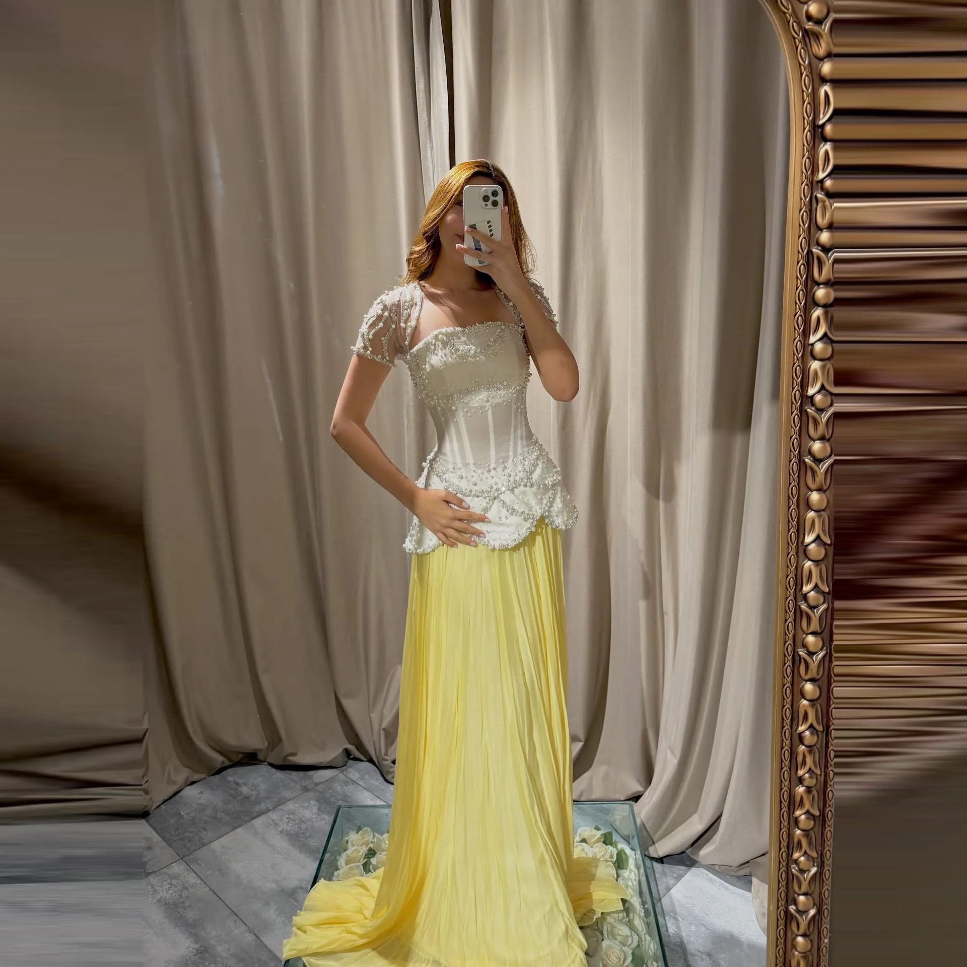 

Stunning White Yellow Two Piece Evening Gown, Pearl Beaded Corset Back Prom Dress, Formal Party Wedding Guest Maxi Dress 2026