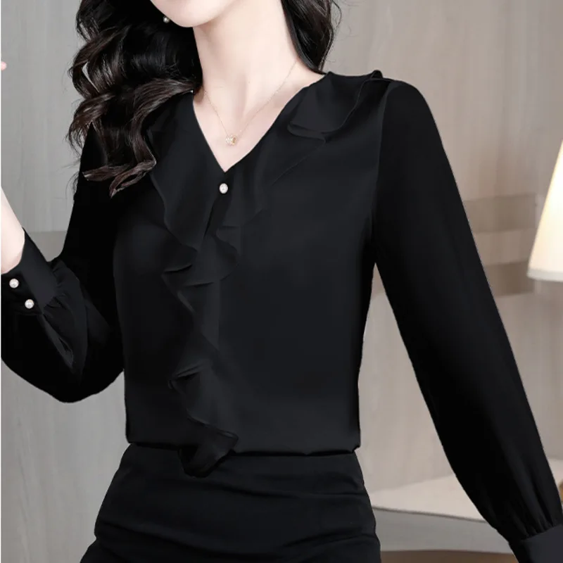 #2535 Summer Black White Office Chiffon Blouse Women Regular Fit Thin Elegant V-neck Ruffles Womens Tops And Blouses Long Sleeve