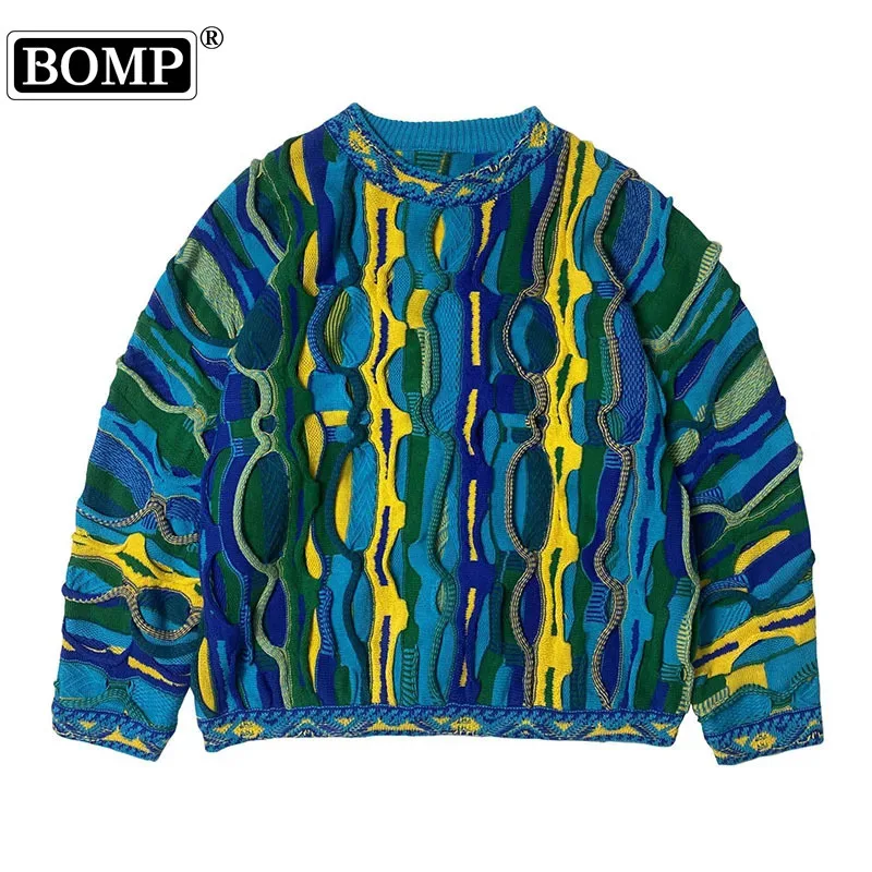 [BOMP] Autumn Hirata Ancient Loose Pop Contrast Hip Hop Ethnic Style Knitted Round Neck Pullover Sweater New Fashion