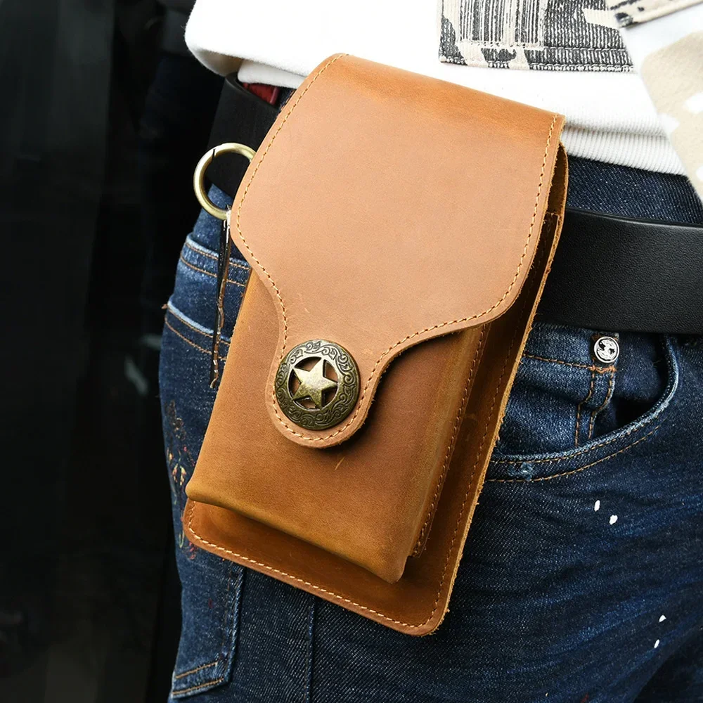 Moterm Genuine Leather Waist Bag Men Vintage Crazy Horse Cowhide Mini Belt Waist Pack Cigarette Case Pouch Male Lighter Pocket