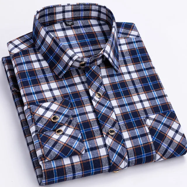 

New Autumn Mens Long Sleeve Shirt Fashion Casual Button Down Regular Fit Classic USA Checkered Pocket Design Trip Male Clothes