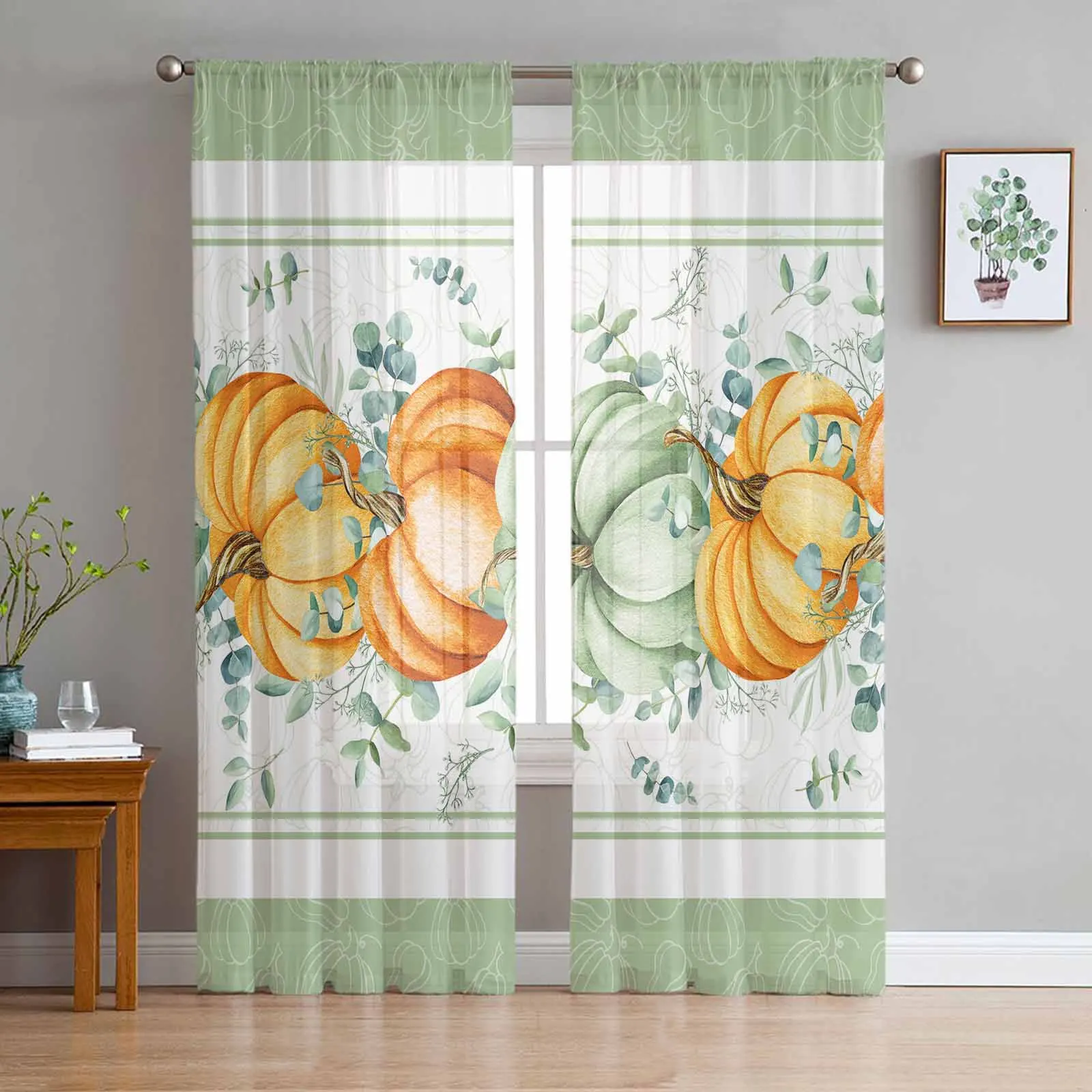 Thanksgiving Pumpkin Eucalyptus Leaves Curtains Living Room Bedroom Kitchen Decoration Window Voiles Organza Tulle Curtain