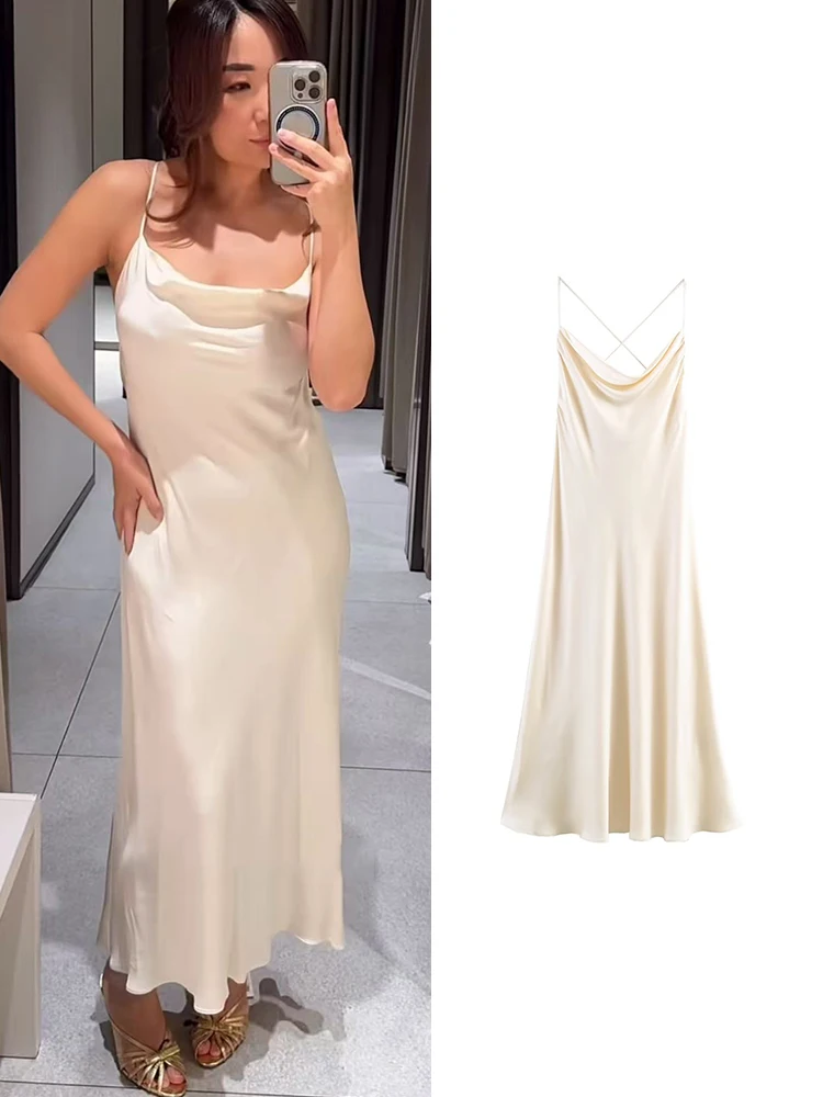 TFMLN Sexy Damen Slim Cross Maxi Langes Trägerkleid mit Geraffter Taille Rückenfreies Satin-Kleid Elegante Partykleider Damenmode