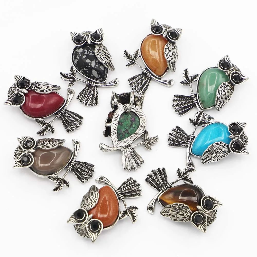 Fashion Natural Stone Vintage Copper Plated Owl Necklace Pendants Cute Onyx Opal For Jewelry Making Wholesale 8Pcs Free Shipping