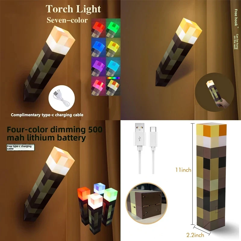 LED-nachtverlichting Spelletjes Brownstone Torch Lamp Figuurkleuren Slaapkamer Decoratieve tafellamp USB-opladen met gesp Kinderspeelgoedcadeaus