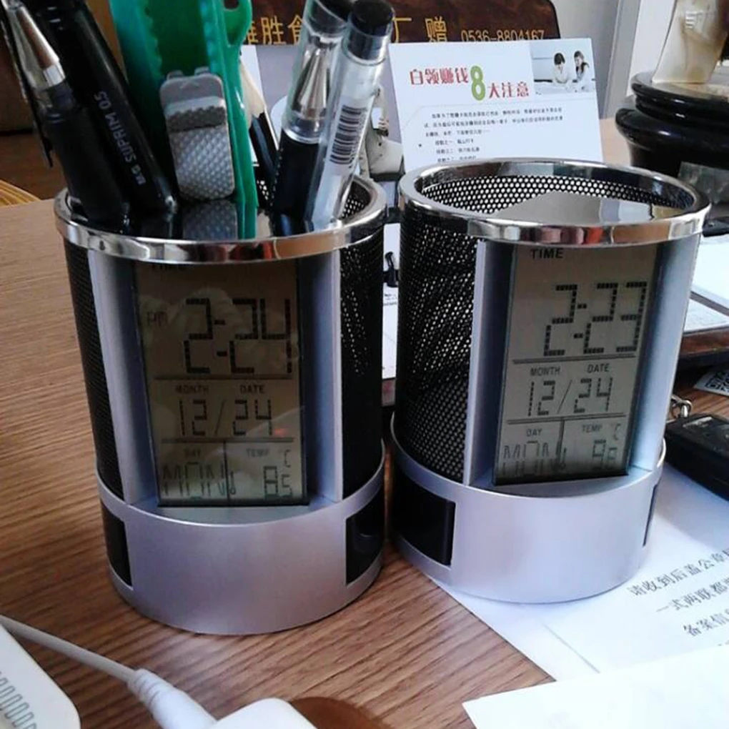 Multifunctional Mesh Pen Pencil Holder Digital LCD Office Desk ALarm Clock Time Temperature Calendar Function
