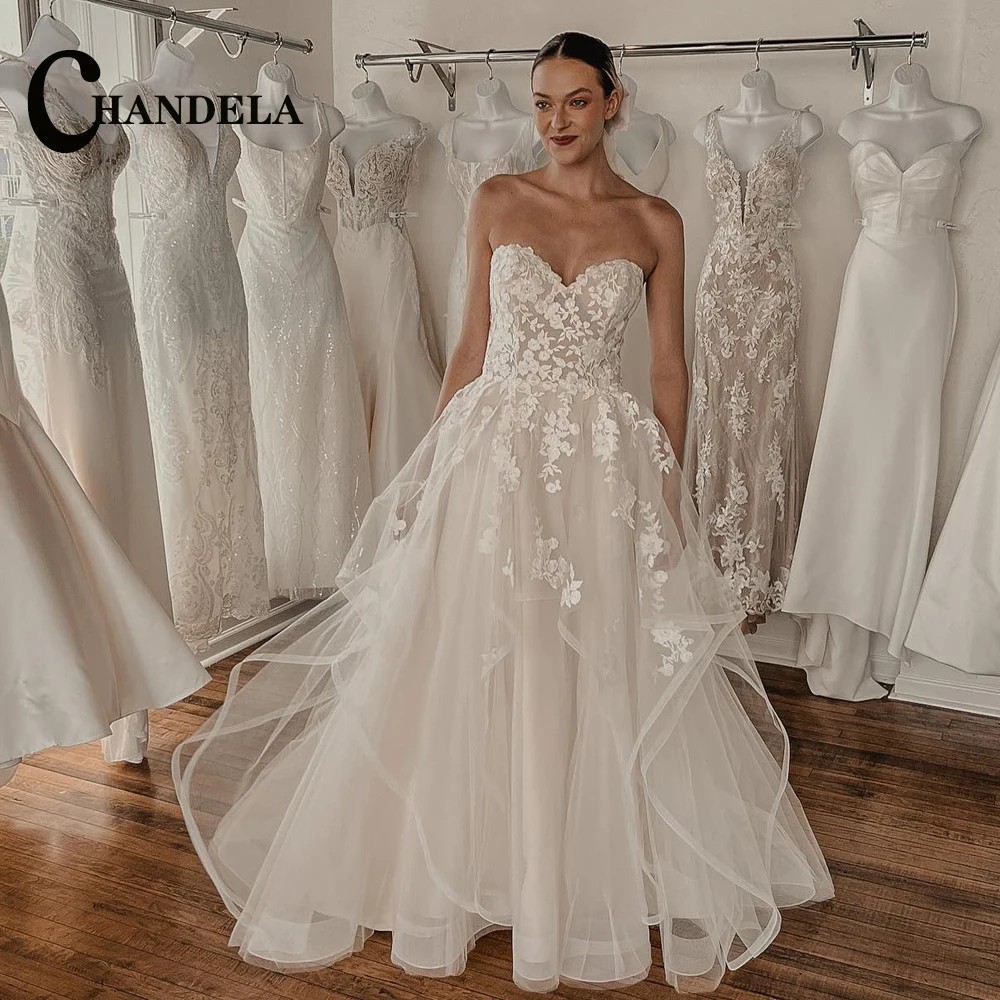 CHANDELA Fairytale Ruffles Wedding Gown for Women Sleeveless Tulle A-line Pleats Brush Train Vestido De Casamento Customised