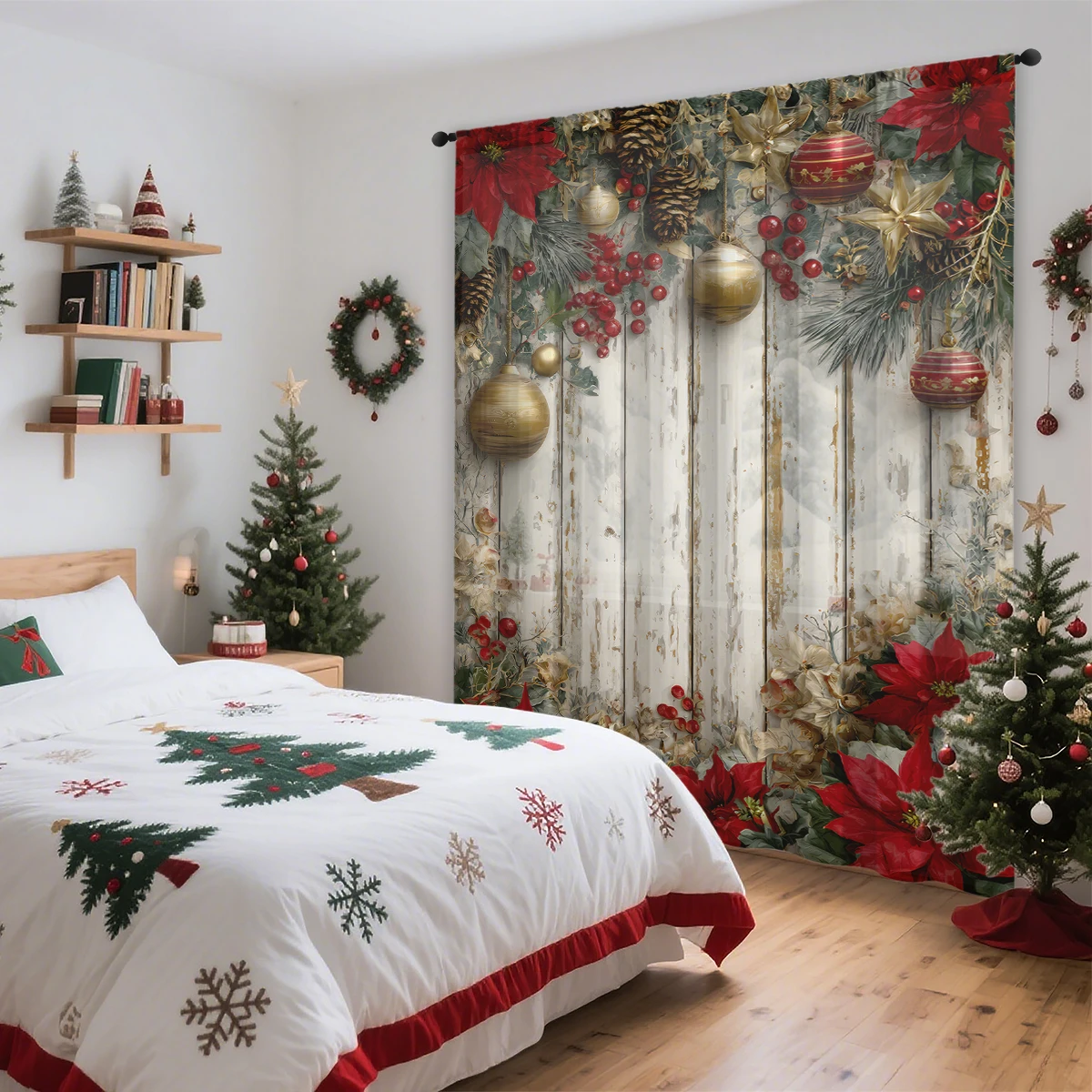 1 Piece Christmas Door Curtain - Polyester Rod Pocket Curtain with Wooden Background and Christmas Ornament Ball Pine Branch Print, Suitable for Living Room, Bedroom, Home and Office, Machine Washable Holiday Decoration, New Year Party Winter Decoration, Multi-Layered Durable Material, Holiday Design, First Choice for Gifts