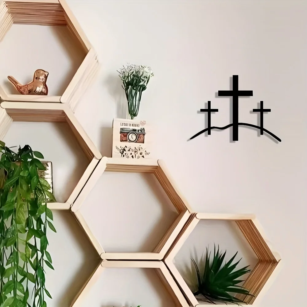 1 Piece of Elegant Metal Cross Wall Art, Simple Design, Three Silhouetted Crosses on a Mountain - Perfect for Home, Office, Living Room, Bedroom, Terrace, Kitchen, Coffee Shop, Bar - Perfect Housewarming Gift, Birthday Gift or Collectible, Home Decor, Ideal for Room Decoration