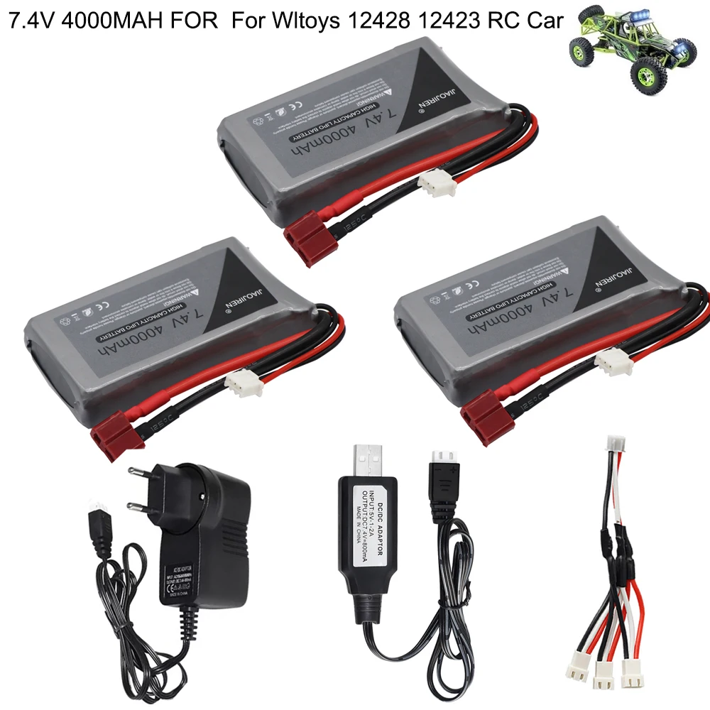 7.4V 4000mAh RC LiPo แบตเตอรี่และชุดชาร์จสําหรับ Wltoys 12428 12423 RC รถ feiyue 03 Q39 อะไหล่ 2 S 7.4V ความจุสูงรถแบตเตอรี่