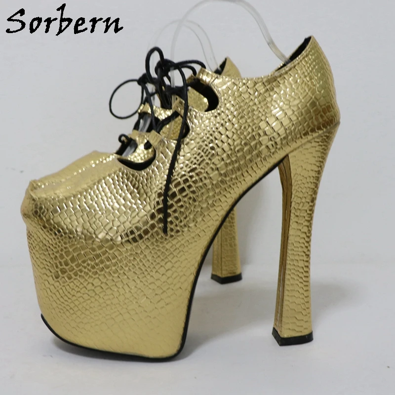 Sorbern Gold Crocodile 20Cm Pump Unisex Block High Heel Platform Shoes Lace Up Gladiator Style Punk Style Fetish Chunky Heeled