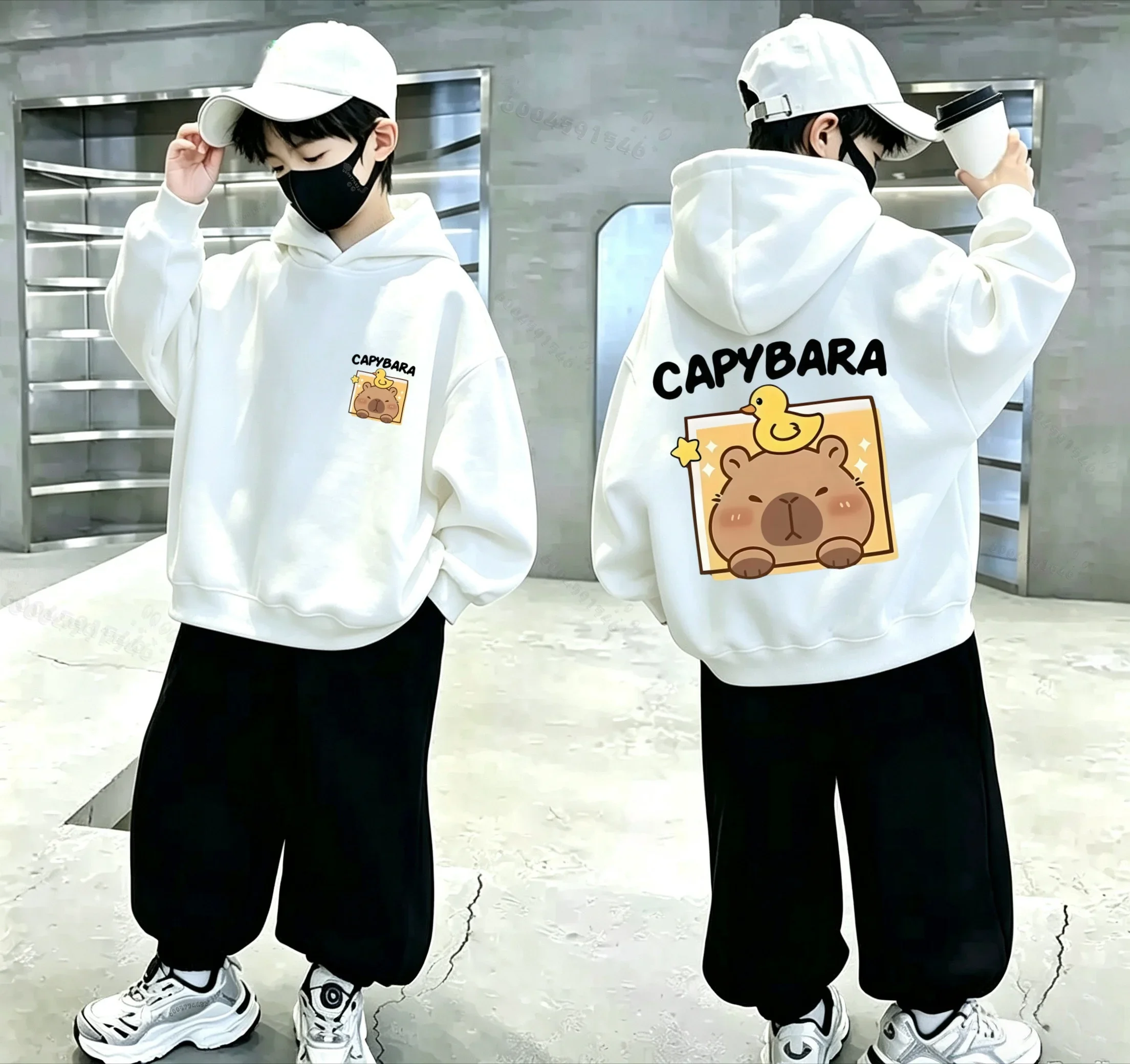 Trend Cartoon Otter Duck Pattern Printed Children's Hooded Sweatshirt for Autumn/Winter Boys and Girls Casual Pullover Sweater