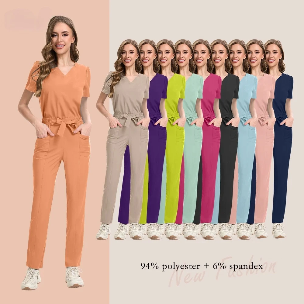 

Comfortable Stretchy Hospital Nurse Doctor Scrubs Uniform Sets V Neck Short Sleeves Straight Pants Women Scrub Suits Spa Uniform