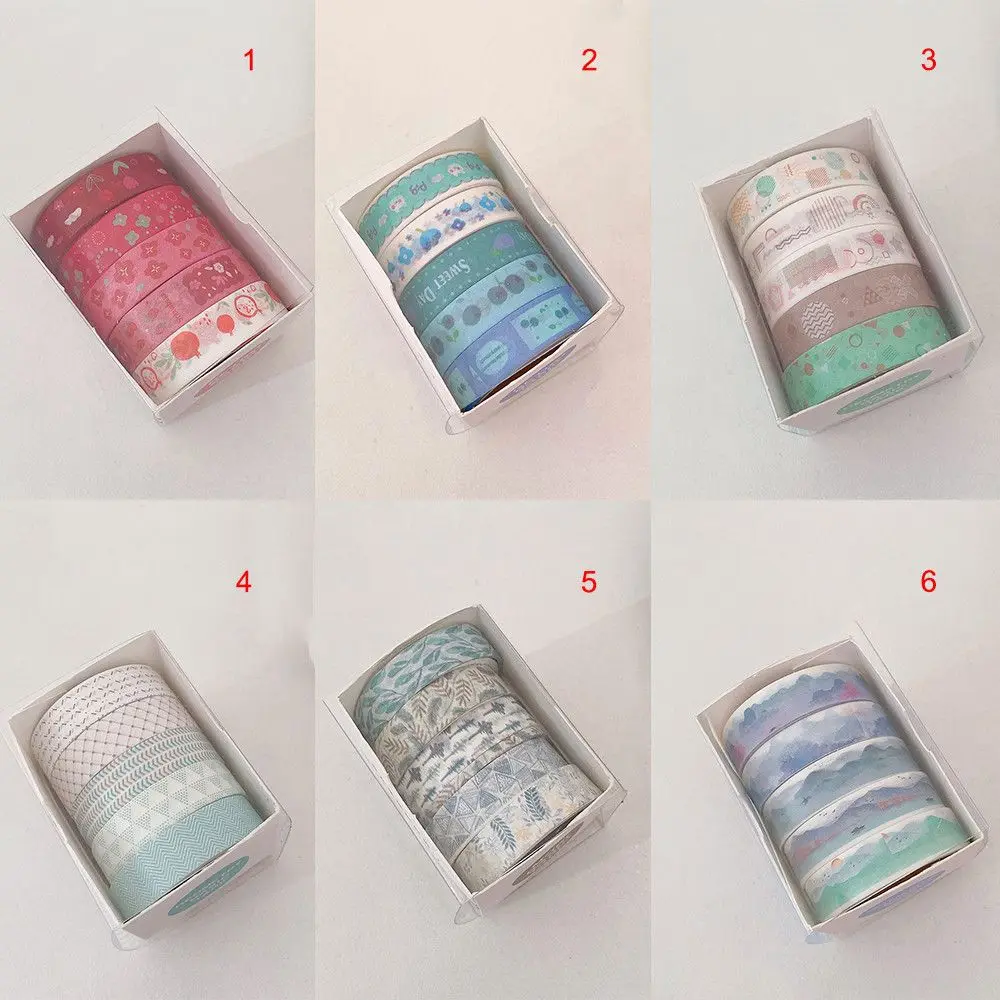 5Rolls/box Adhesive Stationery Journal Basic Pattern Washi Tape Masking Tape Set DIY Scrapbooking