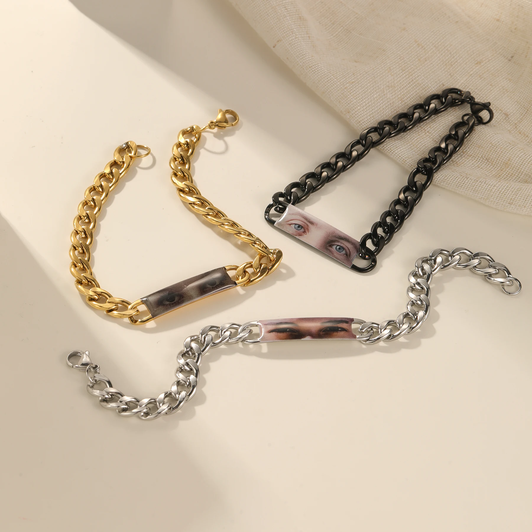 Customized Bracelet Personalized Stainless Steel Color Eyes Picture Bar Bracelet Women Men For Cuban Chain Couples Jewelry