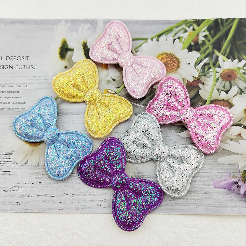 100Pcs 4X2.5CM Glitter Fabric Bowknot Appliques For Clothes Hat Sewing Supplies DIY Headwear Hair Clip Bow Decor Patches