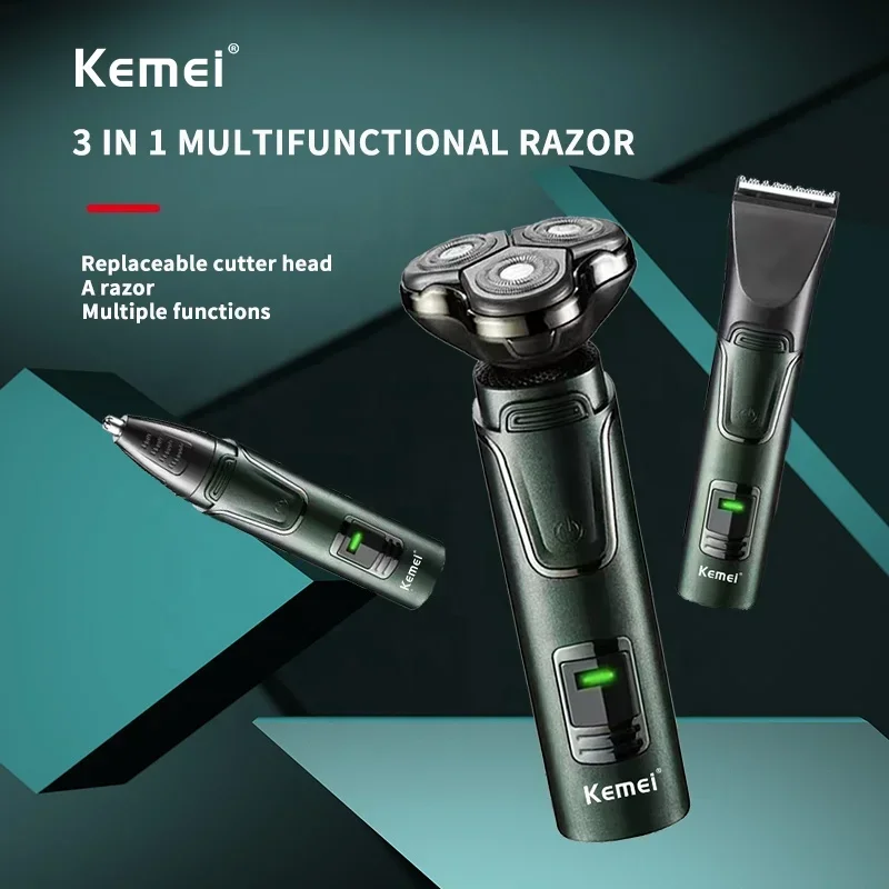 Kemei เครื่องโกนหนวดไฟฟ้าของผู้ชาย, เครื่องโกนหนวด USB ชาร์จไฟได้3 in 1อเนกประสงค์เคราจมูกหูผมเครื่องเล็มกันน้ำ