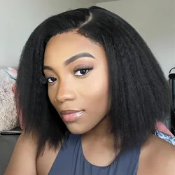 14Inch Natural Black Kinky Straight Short Bob Lace Human Hair Wigs 13x4 HD Transparent Lace Frontal Bob Wig For Women