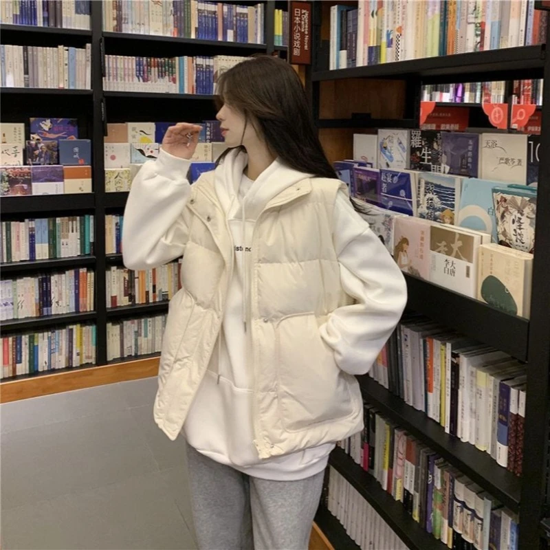 Ärmellose Parkas Frauen Herbst Winter Süße Studenten Warme Solide Einfache Alle-spiel Freizeit Taschen Streetwear Koreanischen Stil Gemütliche