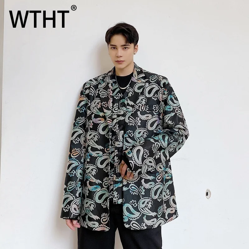 

WTHT модные осенние мужские пиджаки с принтом High Street Design 2021, модные однобортные куртки с длинными рукавами, мужские 2A1946