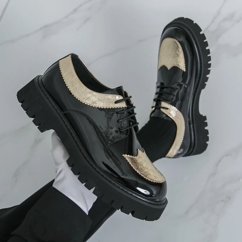 Men's leather shoes with glossy finish breathable British style formal wear business casual thick sole trendy men's shoes